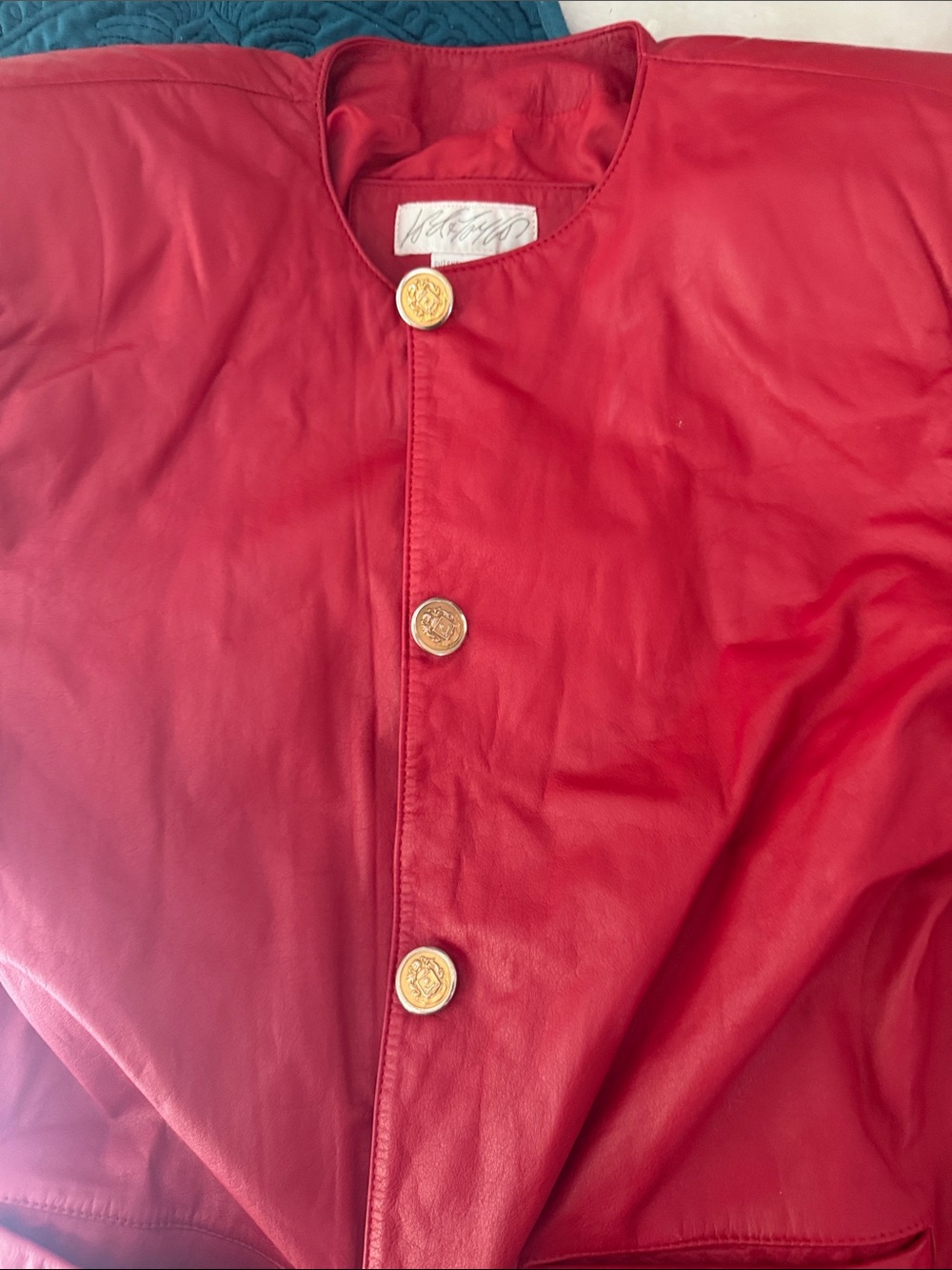 Lord & Taylor Vibrant Red Leather Jacket with Gold-Tone Buttons